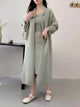 Manie Bodycon Dress with Woolen Coat - full-length shot on model, sage green - Miss Mosa By Akanksha