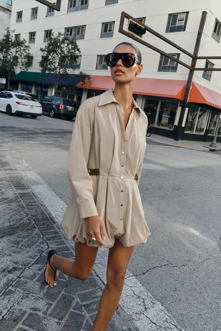 Manon Belted Shirt Mini Dress - full-length shot, beige - Miss Mosa By Akanksha