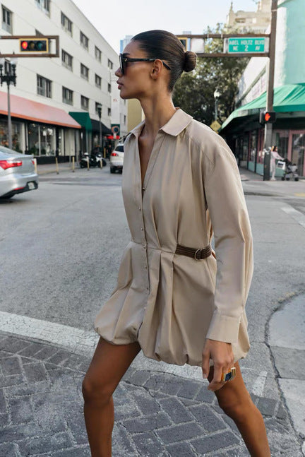 Manon Belted Shirt Mini Dress - side shot, beige - Miss Mosa By Akanksha