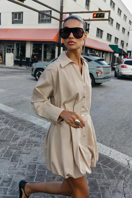 Manon Belted Shirt Mini Dress - side shot, beige - Miss Mosa By Akanksha