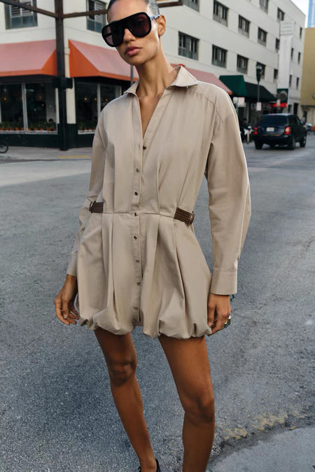 Manon Belted Shirt Mini Dress - full-length shot, beige - Miss Mosa By Akanksha