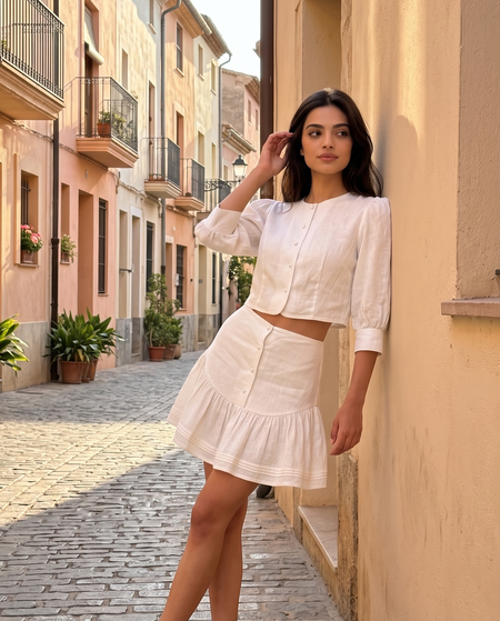 Manon Coord Skirt Set - three-quarter shot on model, cream - Miss Mosa By Akanksha