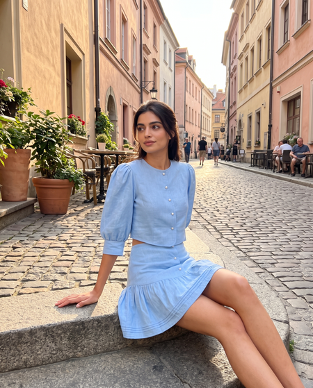 Manon Coord Skirt Set - seated shot on model, light blue - Miss Mosa By Akanksha