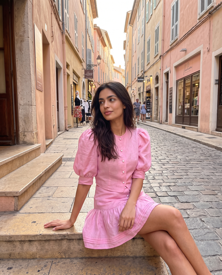Manon Coord Skirt Set - seated shot on model, pink - Miss Mosa By Akanksha