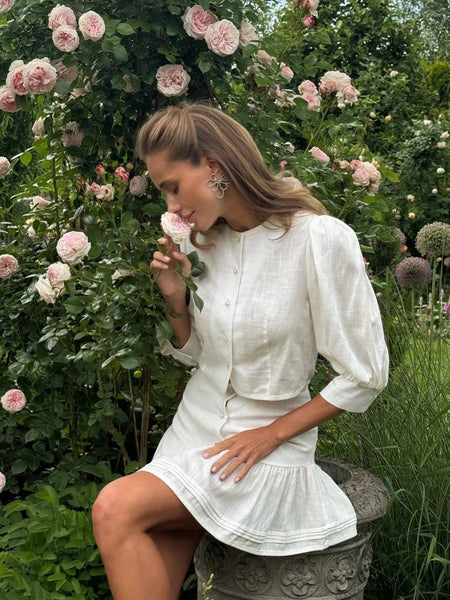 Manon Coord Skirt Set - seated shot, off-white - Miss Mosa By Akanksha