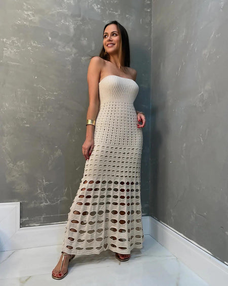 Marbella Soft Knit Crochet Dress - side shot on model, cream - Miss Mosa By Akanksha