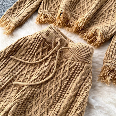Marcella Luxe Winter Coord Set - close-up of fabric detail, camel - Miss Mosa By Akanksha
