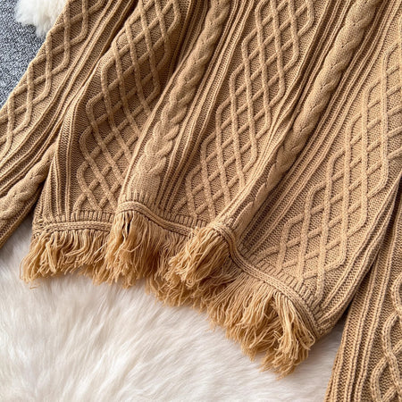 Marcella Luxe Winter Coord Set - close-up of fringe detail, camel - Miss Mosa By Akanksha