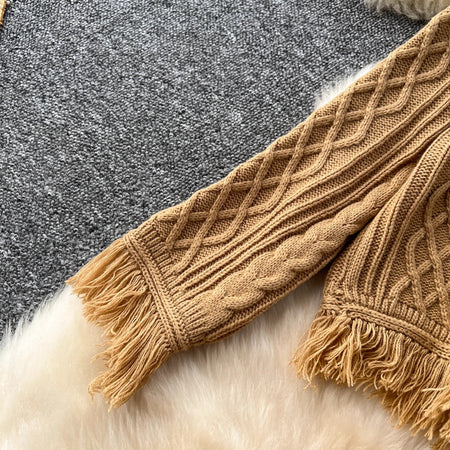 Marcella Luxe Winter Coord Set - close-up of sleeve fringe detail, camel - Miss Mosa By Akanksha