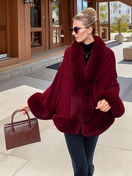 Marcello Luxe Fur Cape - front shot, burgundy with burgundy fur trim - Miss Mosa By Akanksha