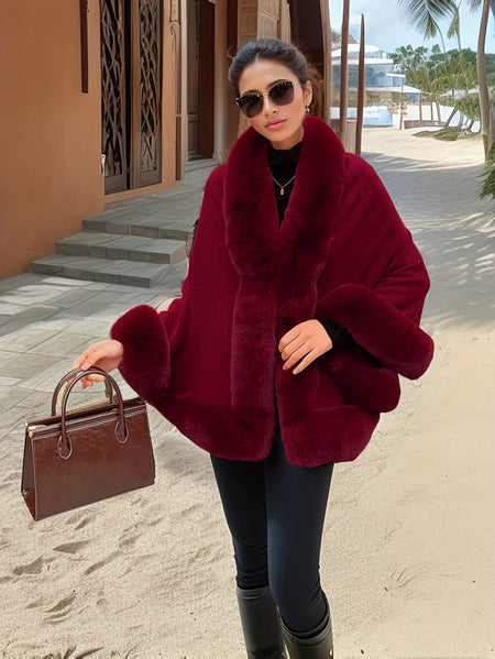 Marcello Luxe Fur Cape - front shot, burgundy with burgundy fur trim - Miss Mosa By Akanksha