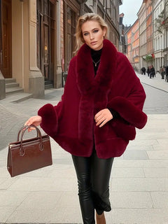 Marcello Luxe Fur Cape - front shot, burgundy with burgundy fur trim - Miss Mosa By Akanksha