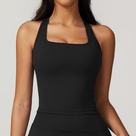 Margo Premium Activewear Set In Black - close-up shot of tank top on model - Miss Mosa By Akanksha
