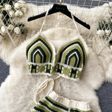 Margot 2 Piece Coord Set - Resortwear Set - close-up of crochet bralette detail, green - Miss Mosa By Akanksha
