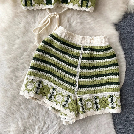 Margot 2 Piece Coord Set - Resortwear Set - close-up of crochet shorts detail, green - Miss Mosa By Akanksha