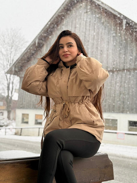 Margot Warm Fleece Lined Parka Jacket - front shot on model outdoors, beige - Miss Mosa By Akanksha
