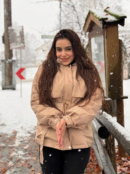 Margot Warm Fleece Lined Parka Jacket - full-length front shot on model outdoors, beige - Miss Mosa By Akanksha