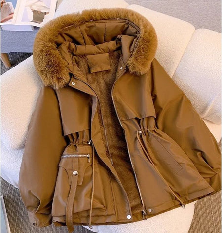 Margot Warm Fleece Lined Parka Jacket - front shot on model outdoors, beige - Miss Mosa By Akanksha