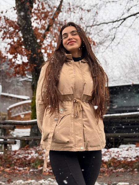 Margot Warm Fleece Lined Parka Jacket - side shot on model outdoors, beige - Miss Mosa By Akanksha