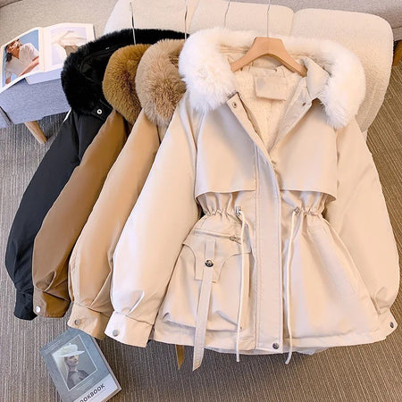 Margot Warm Fleece Lined Parka Jacket In Beige - flat-lay colour-range shot of parka jackets fanned out - Miss Mosa By Akanksha