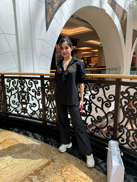 Maria Embroidered Set of Top and Pants - full-length shot on model, black - Miss Mosa By Akanksha