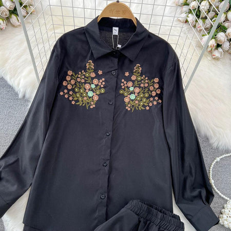 Maria Embroidered Set of Top and Pants - close-up of embroidery, black - Miss Mosa By Akanksha