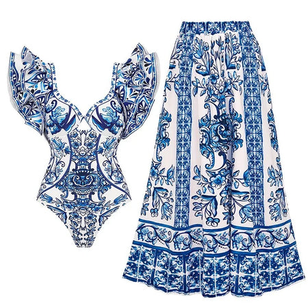 Maria One Pc Swimsuit with Skirt In Blue - flat-lay product shot, blue - Miss Mosa By Akanksha