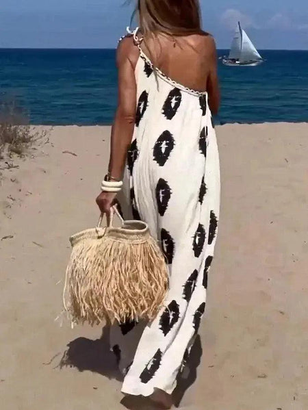 Maria One Shoulder Beach Dress - back shot on model, white - Miss Mosa By Akanksha