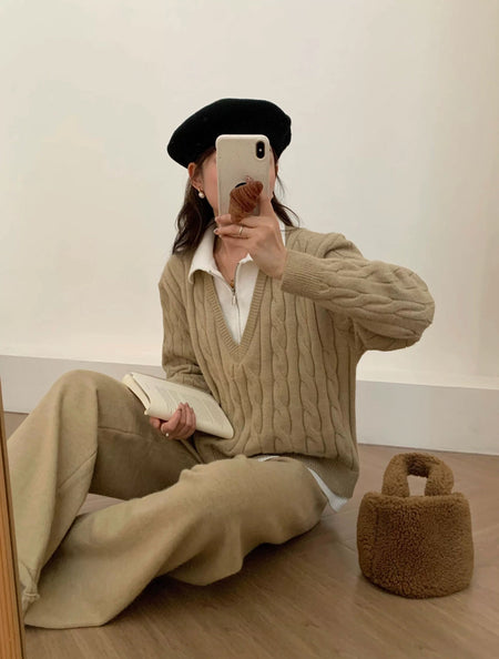 Maria Premium Woolen Coord Set - Tracksuit - side shot on model seated, khaki - Miss Mosa By Akanksha