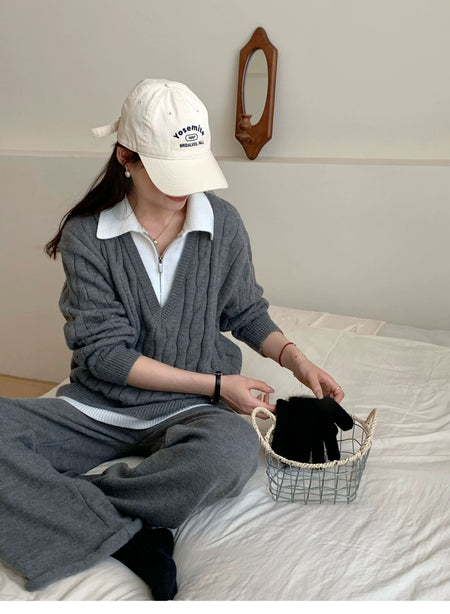 Maria Premium Woolen Coord Set - Tracksuit - front shot on model seated, grey - Miss Mosa By Akanksha