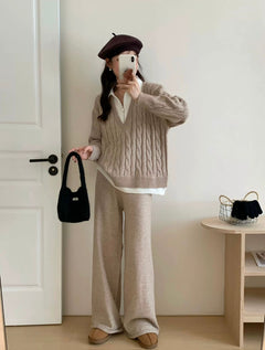 Maria Premium Woolen Coord Set - Tracksuit - full-length front shot on model, beige - Miss Mosa By Akanksha