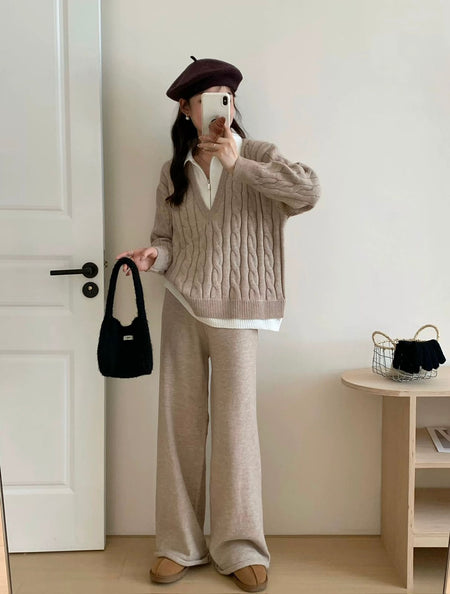 Maria Premium Woolen Coord Set - Tracksuit - full-length front shot on model, beige - Miss Mosa By Akanksha