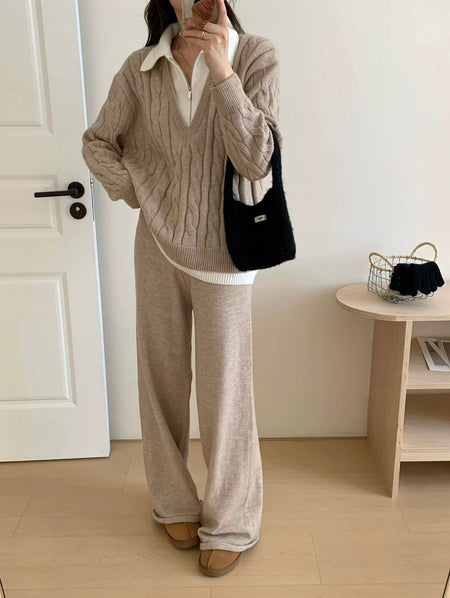 Maria Premium Woolen Coord Set - Tracksuit - full-length front shot on model, beige - Miss Mosa By Akanksha