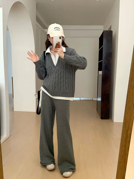 Maria Premium Woolen Coord Set - Tracksuit - full-length front shot on model, grey - Miss Mosa By Akanksha