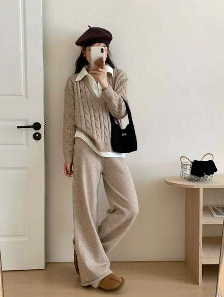 Maria Premium Woolen Coord Set - Tracksuit - full-length front shot on model, beige - Miss Mosa By Akanksha