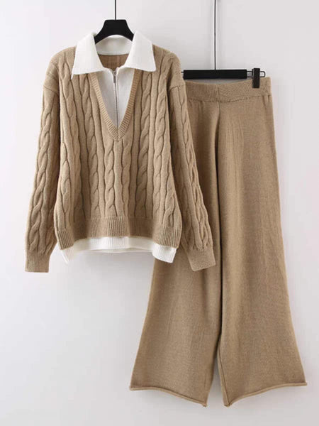 Maria Premium Woolen Coord Set - Tracksuit - flat-lay shot of sweater and pants, khaki - Miss Mosa By Akanksha