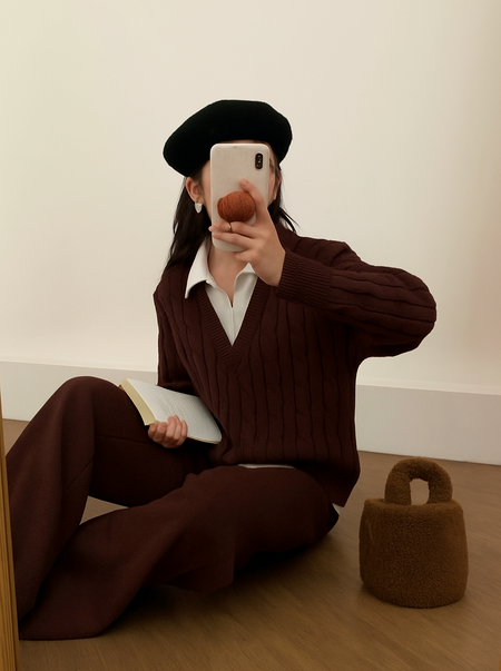 Maria Premium Woolen Coord Set - Tracksuit - side shot on model seated, brown - Miss Mosa By Akanksha