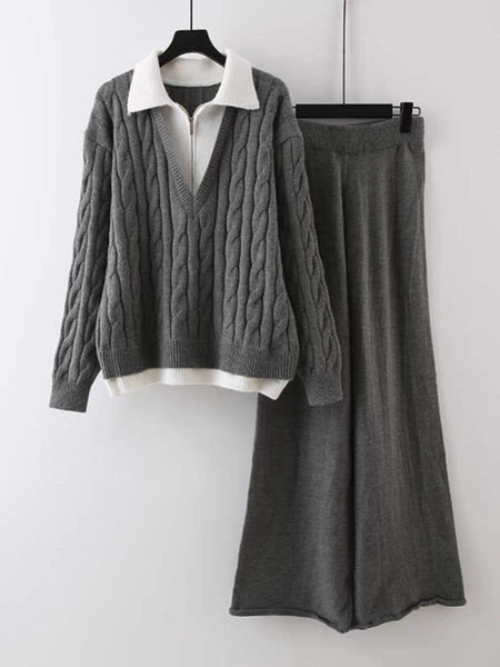 Maria Premium Woolen Coord Set - Tracksuit - flat-lay shot of sweater and pants, grey - Miss Mosa By Akanksha