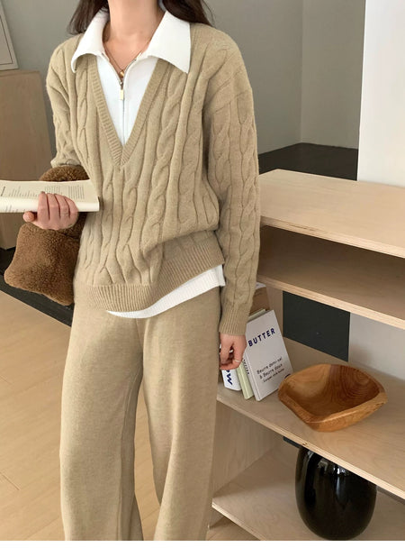 Maria Premium Woolen Coord Set - Tracksuit - front shot on model, khaki - Miss Mosa By Akanksha