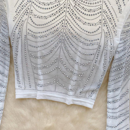 Mariam Hotfix Party Top - close-up of rhinestone detail, white - Miss Mosa By Akanksha