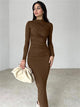 Mariam Luxe Pleated Maxi Dress - full-length shot on model, brown - Miss Mosa By Akanksha