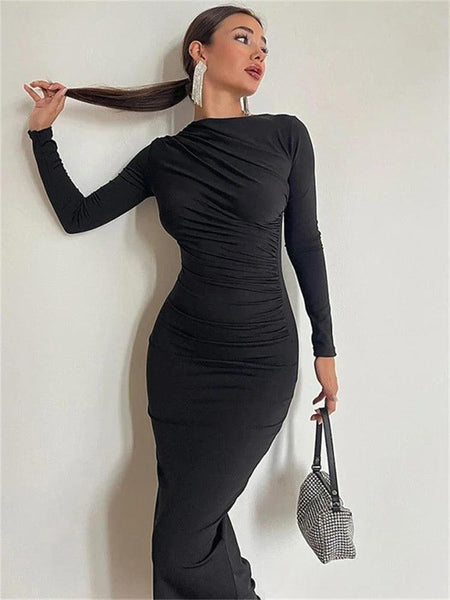 Mariam Luxe Pleated Maxi Dress - full-length shot on model, black - Miss Mosa By Akanksha