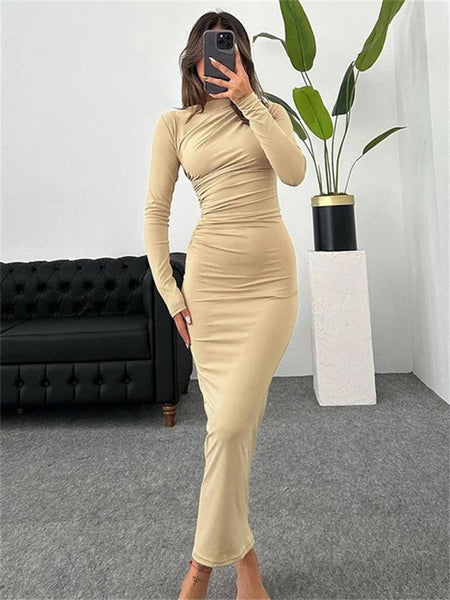 Mariam Luxe Pleated Maxi Dress - full-length shot on model, beige - Miss Mosa By Akanksha