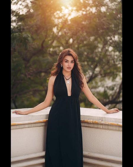 Mariam Summer Slit Cut Maxi Dress - front shot on model outdoors, black - Miss Mosa By Akanksha
