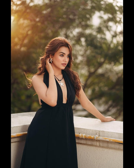 Mariam Summer Slit Cut Maxi Dress - front shot on model outdoors, black - Miss Mosa By Akanksha