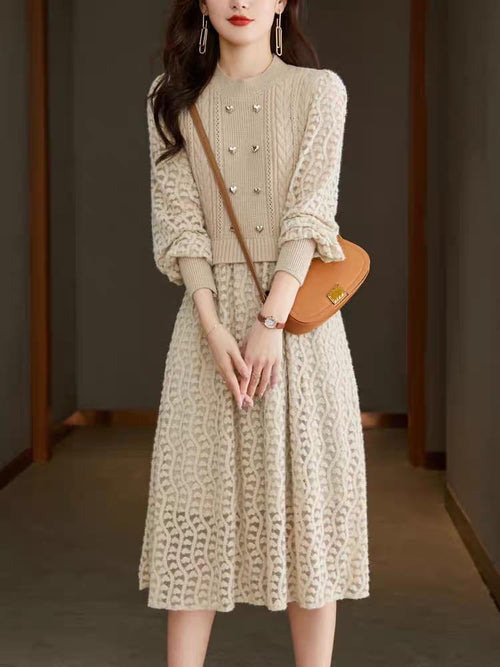 Mariana Vintage Hollow out Midi Dress In Beige