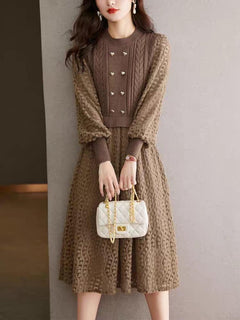 Mariana Vintage Hollow out Midi Dress - full-length shot on model, brown - Miss Mosa By Akanksha