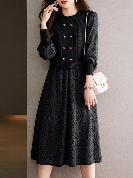 Mariana Vintage Hollow out Midi Dress - full-length shot on model, black - Miss Mosa By Akanksha