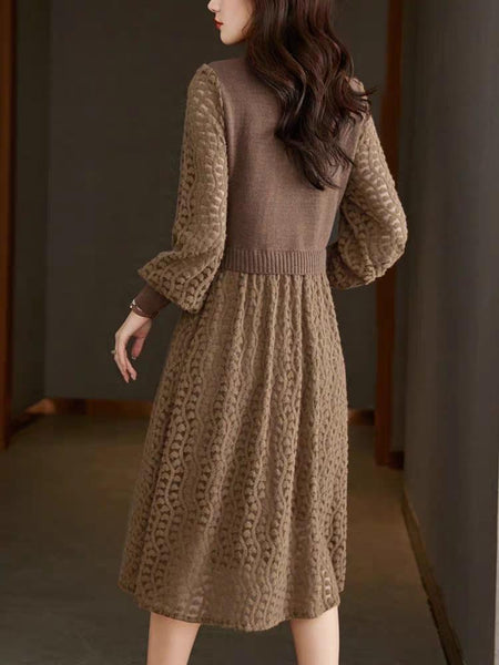 Mariana Vintage Hollow out Midi Dress - back shot on model, brown - Miss Mosa By Akanksha