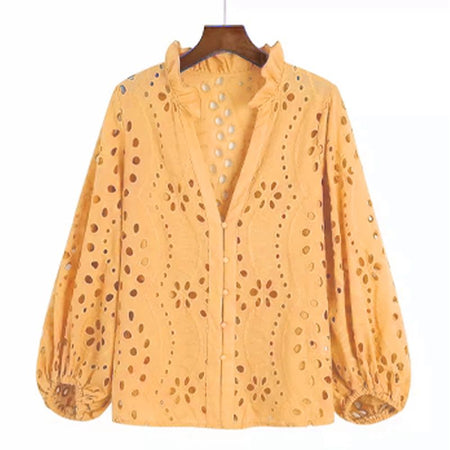 Marianna Premium Eyelet Blouse - front shot on hanger, yellow - Miss Mosa By Akanksha